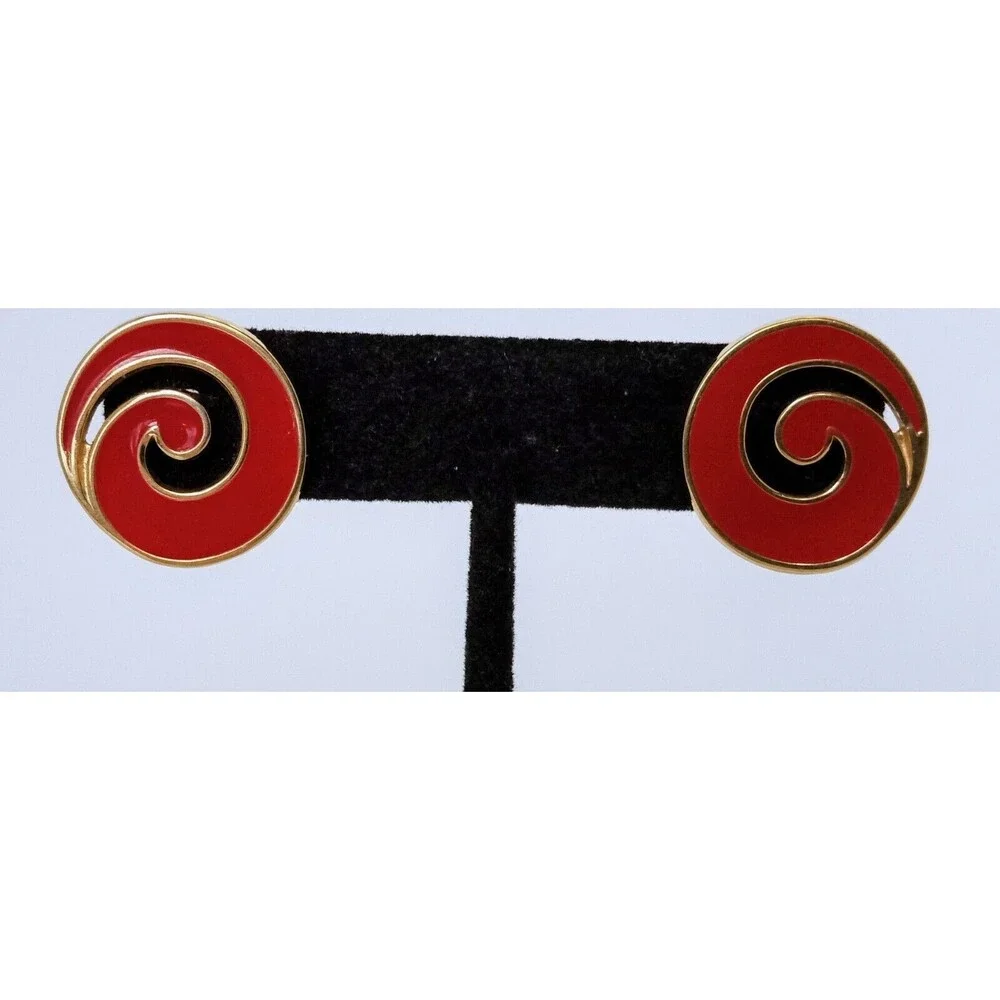 Vintage Monet Goldtone Red Enamel Swirl Post Earrings - Picture 1 of 8